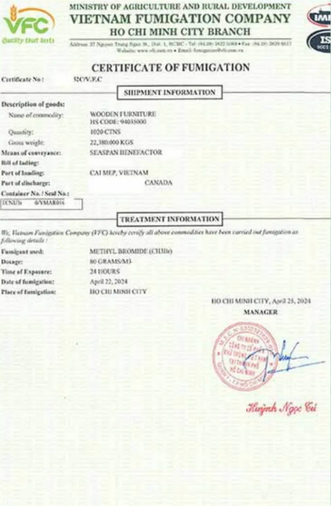 Certificate of Fumigation